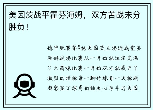 美因茨战平霍芬海姆，双方苦战未分胜负！