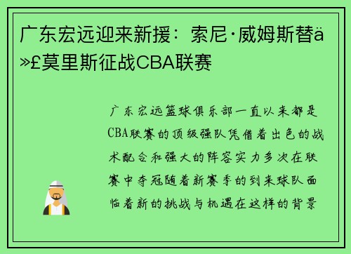 广东宏远迎来新援：索尼·威姆斯替代莫里斯征战CBA联赛