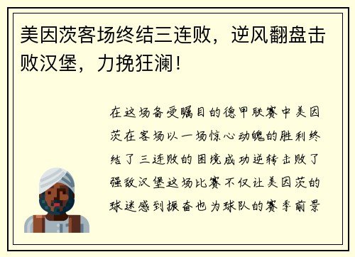 美因茨客场终结三连败，逆风翻盘击败汉堡，力挽狂澜！