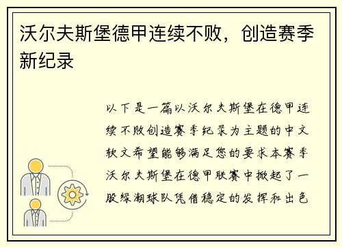 沃尔夫斯堡德甲连续不败，创造赛季新纪录